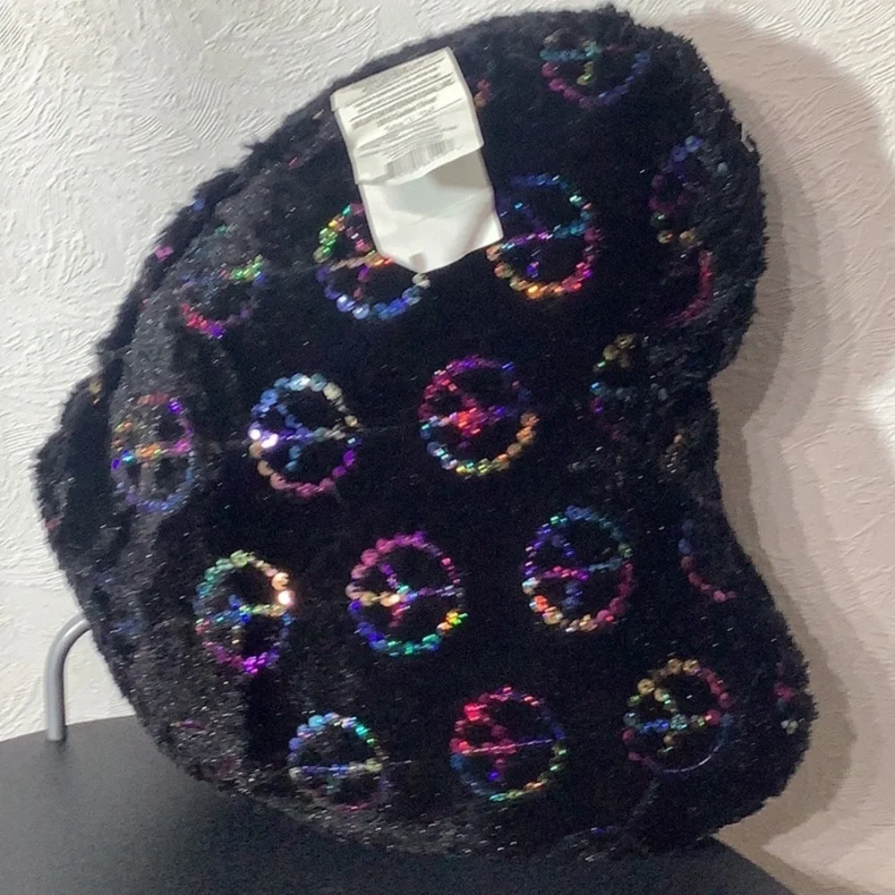 Plush heart shaped Pillow NWOT - with sequined peace signs - front and back
